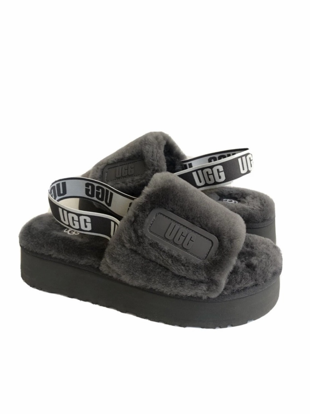 UGG Disco Slides Gray Platform Shearling Sandals Logo Strap Women’s Size 10